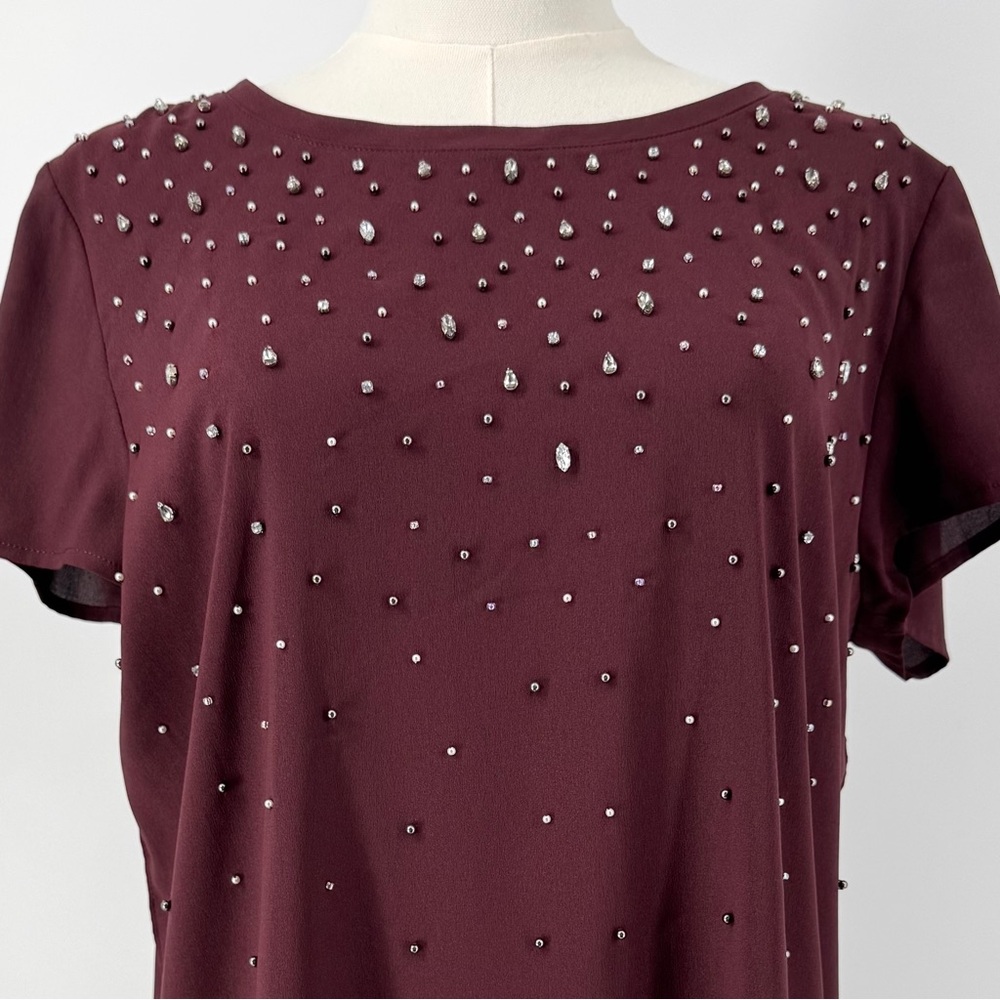 Ann Taylor Rhinestone Embellished Top Size M  Burgundy Holiday Sparkle Party
